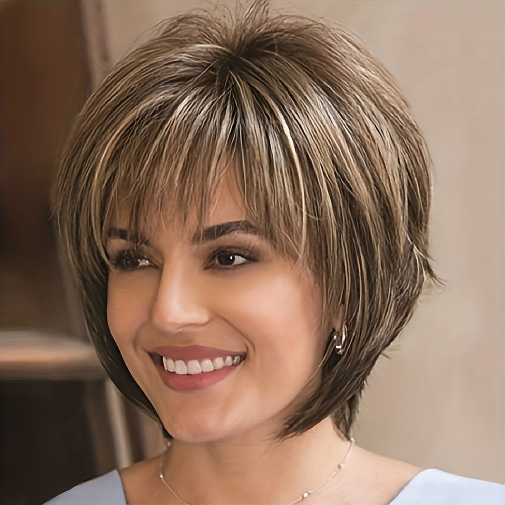 Stylish Highlight Brown Pixie Cut Wig with Bangs - Perfect for Women and Girls - Short Straight Synthetic Non-Lace Wig